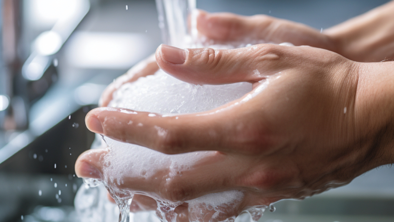 Hands being cleansed with soap and water - Importance of hand washing for personal hygiene and infection prevention, lathering and bubbling water enhance cleansing process - Health and safety concept.