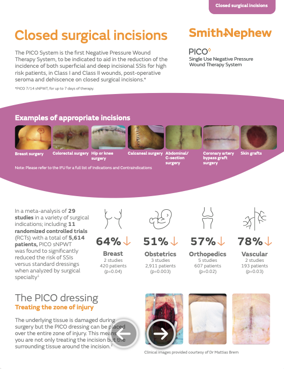Enhance Surgical Incision Care with PICO System: A Comprehensive Guide"</p>
<p>Discover the power of PICO System in reducing superficial and deep incisional surgical site infections (SSIs) for high-risk patients with closed surgical incisions. This PDF guide offers evidence-based insights on using PICO Negative Pressure Wound Therapy System for Class I and Class II wounds, post-operative seroma, and dehiscence management. With clinical case studies and meta-analysis results, learn how PICO sNPWT significantly reduces the risk of SSIs and aids in faster wound healing across various surgical indications. Download the guide for expert tips and effective wound treatment plans for abdominal/C-section, breast, colorectal, hip/knee, calcaneal, and coronary artery bypass graft surgeries. Explore the innovative PICO dressing technology that treats not only the incision but also the surrounding tissue, promoting better healing outcomes. Improve post-operative care with the PICO System – download now