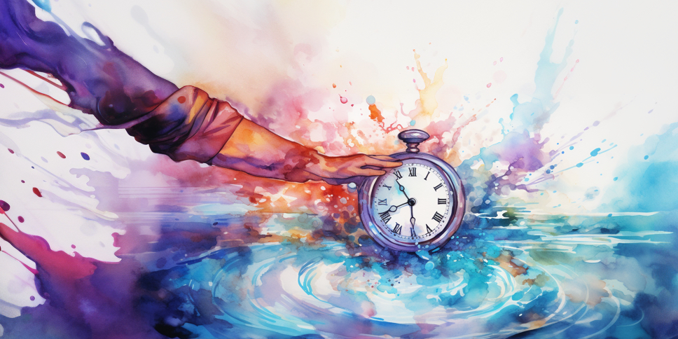 Vibrant Water Painting: Hand Reaching Towards Rapidly Moving Clock - Symbolizing Accelerated Healing with NPWT